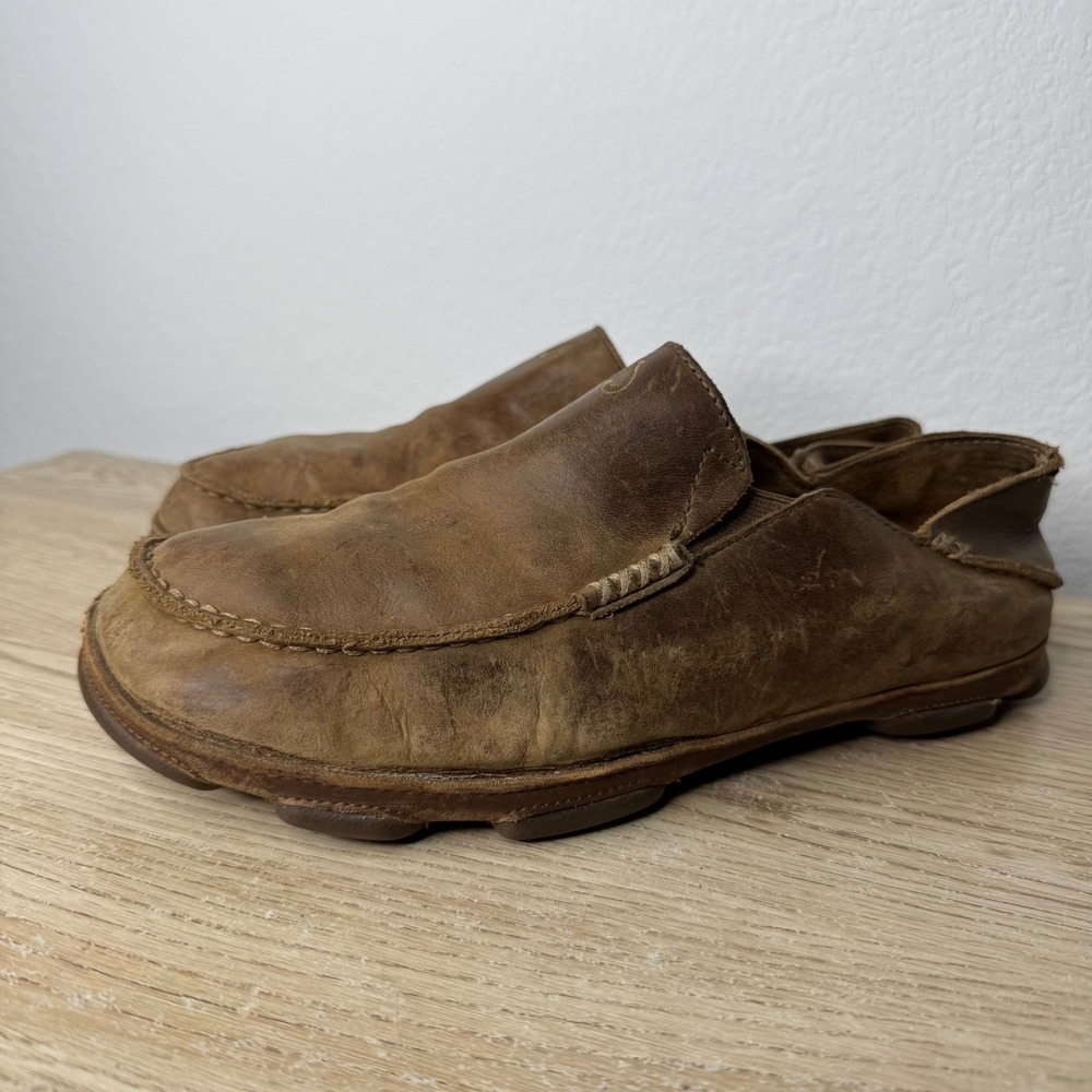 OluKai Moloa Mens Brown Leather Slip On Loafers Drop-In Heel 10128-2733 Size 9